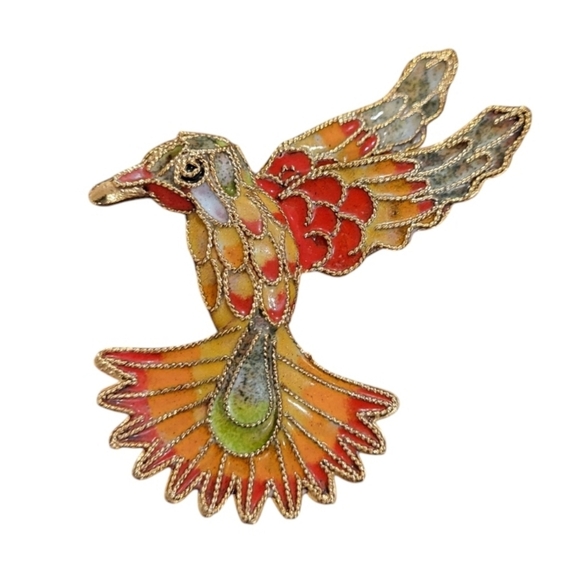 Cloisonné Hummingbird Multicolor Gold Tone Brooch Pin - Picture 1 of 5